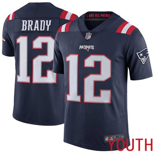 New England Patriots Football #12 Rush Vapor Untouchable Limited Navy Blue Youth Tom Brady NFL Jersey->youth nfl jersey->Youth Jersey